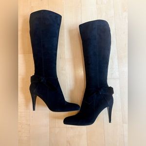 Sergio Rossi Black Suede Knee-High Square Toe Boot with Bow Detail